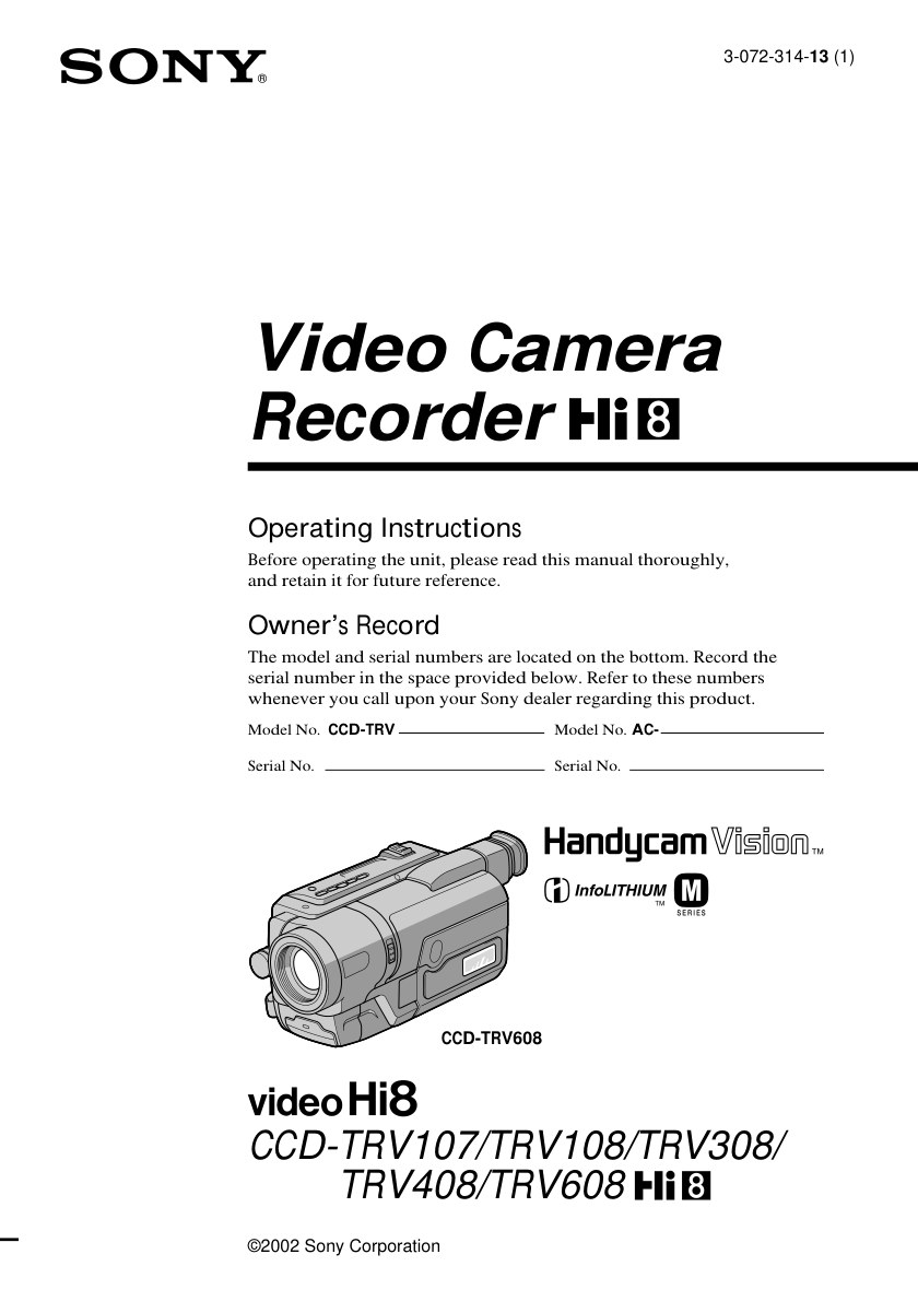 Sony CCD-TRV608 Video8 / Hi8 Owner Manual EN (Instant Download)