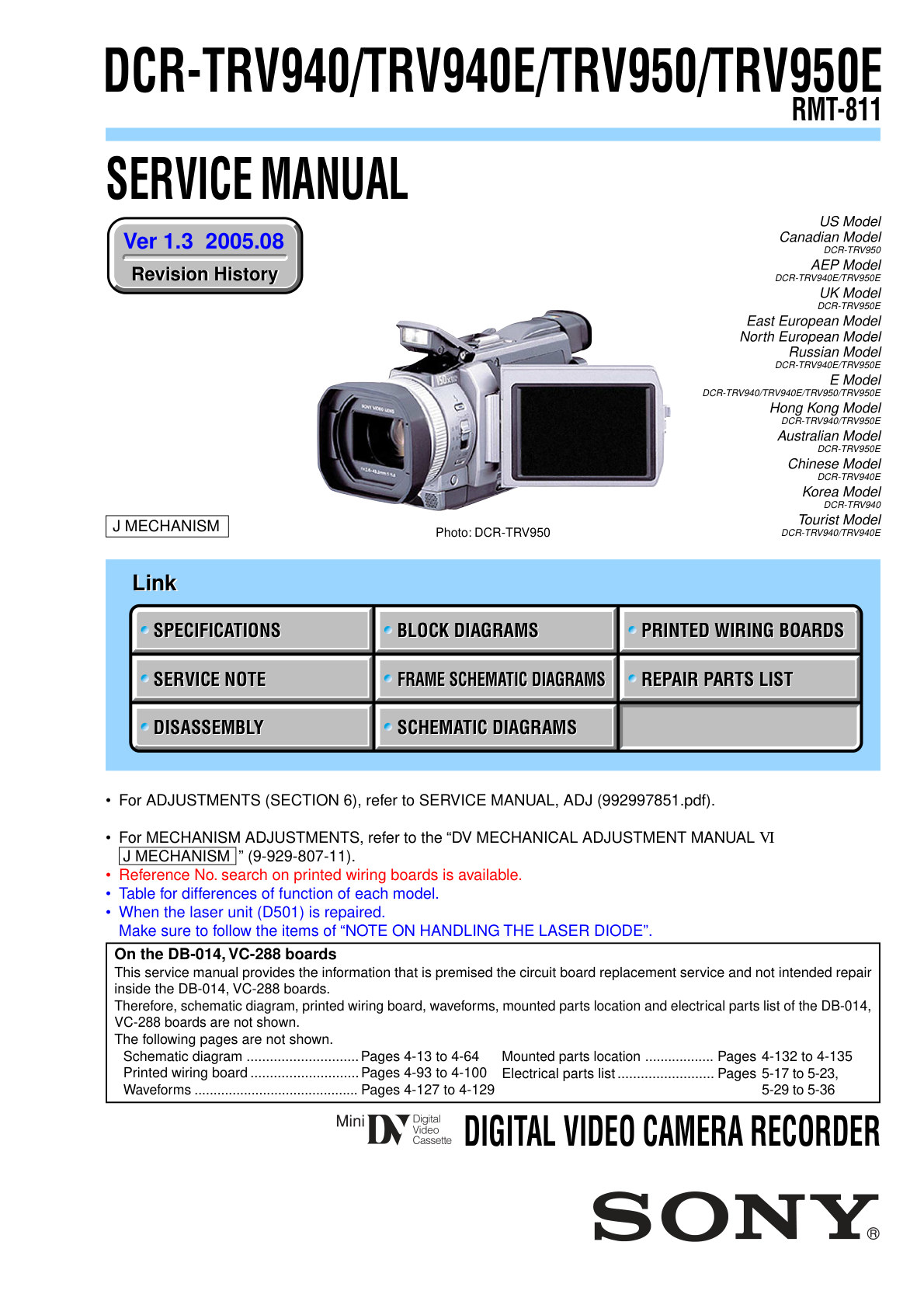Sony DCR-TRV950 MiniDV Service Manual EN (Instant Download)