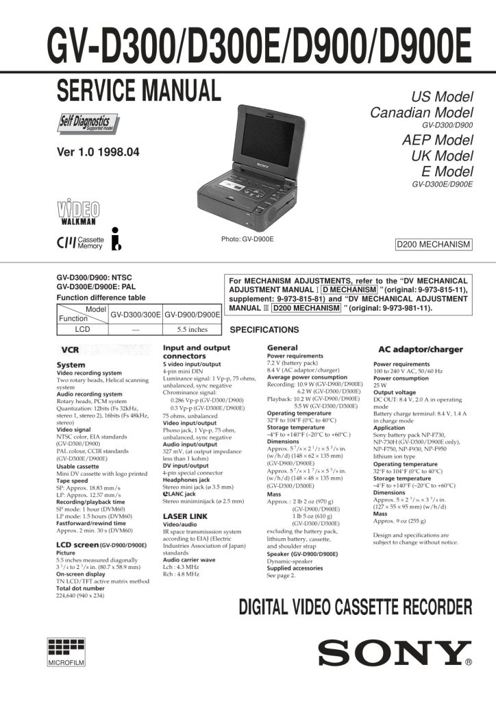 Sony GV-D900 Digital8 Service Manual EN (Instant Download)