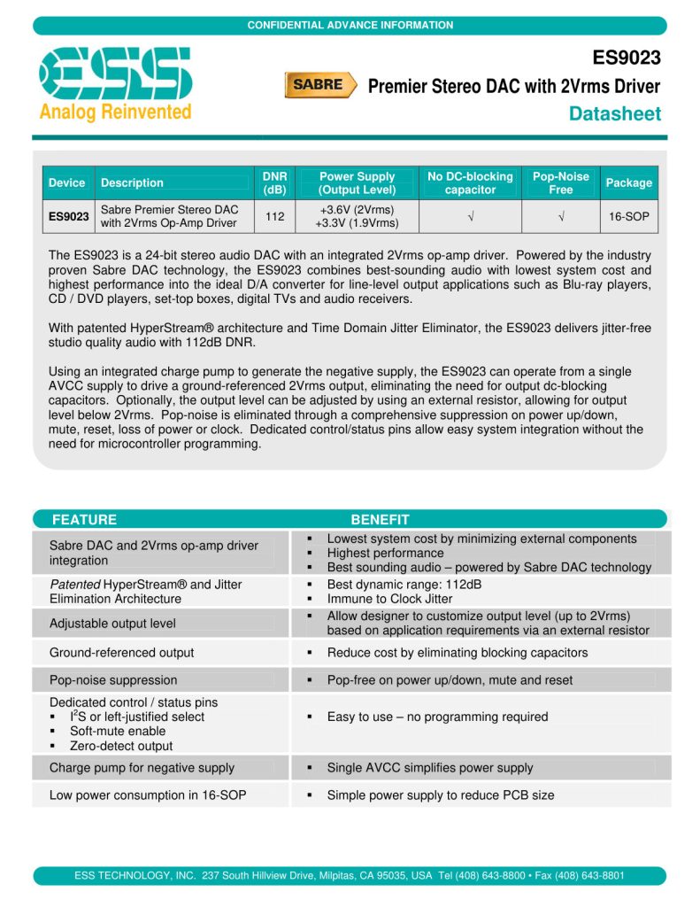 ES9023 Datasheet (Instant Download)