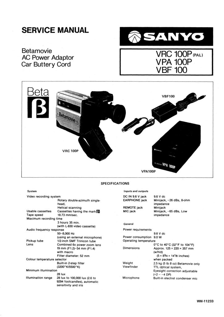 Sanyo VRC-100 Betamovie Service Manual (Instant Download)