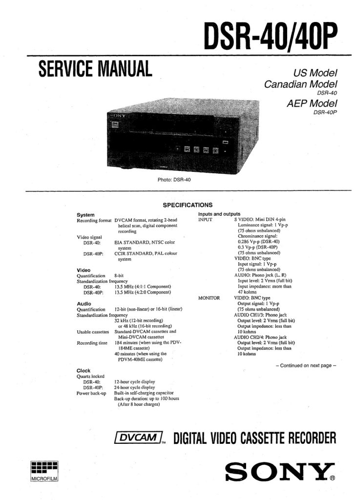 Sony DSR-40 DVCAM Service Manual EN (Instant Download)