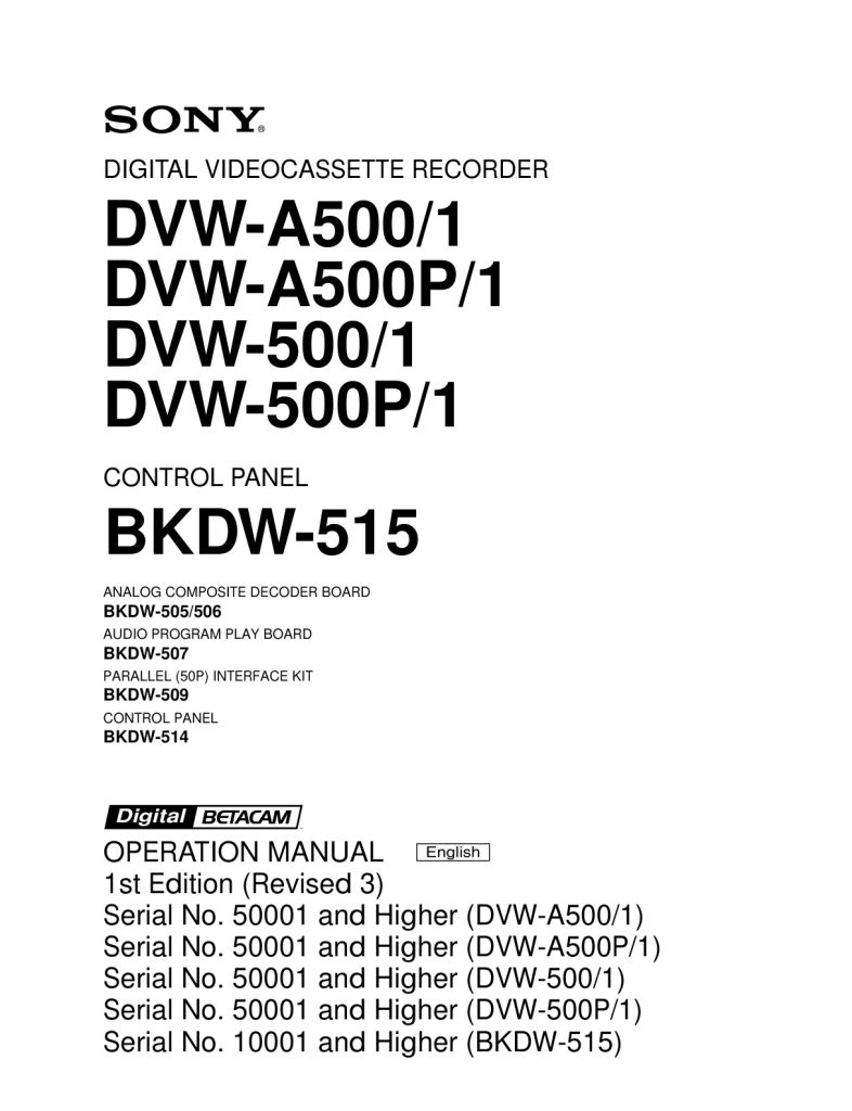 Sony DVW-500 Betacam Owner Manual EN (Instant Download)
