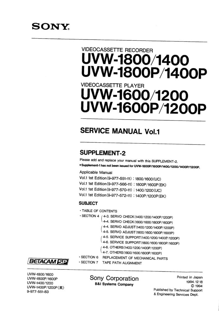 Sony UVW-1600 Betacam Service Manual EN (Instant Download)