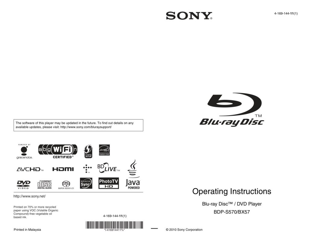 Sony BDP-S570 Blu-ray Player Owner Manual EN (Instant Download)