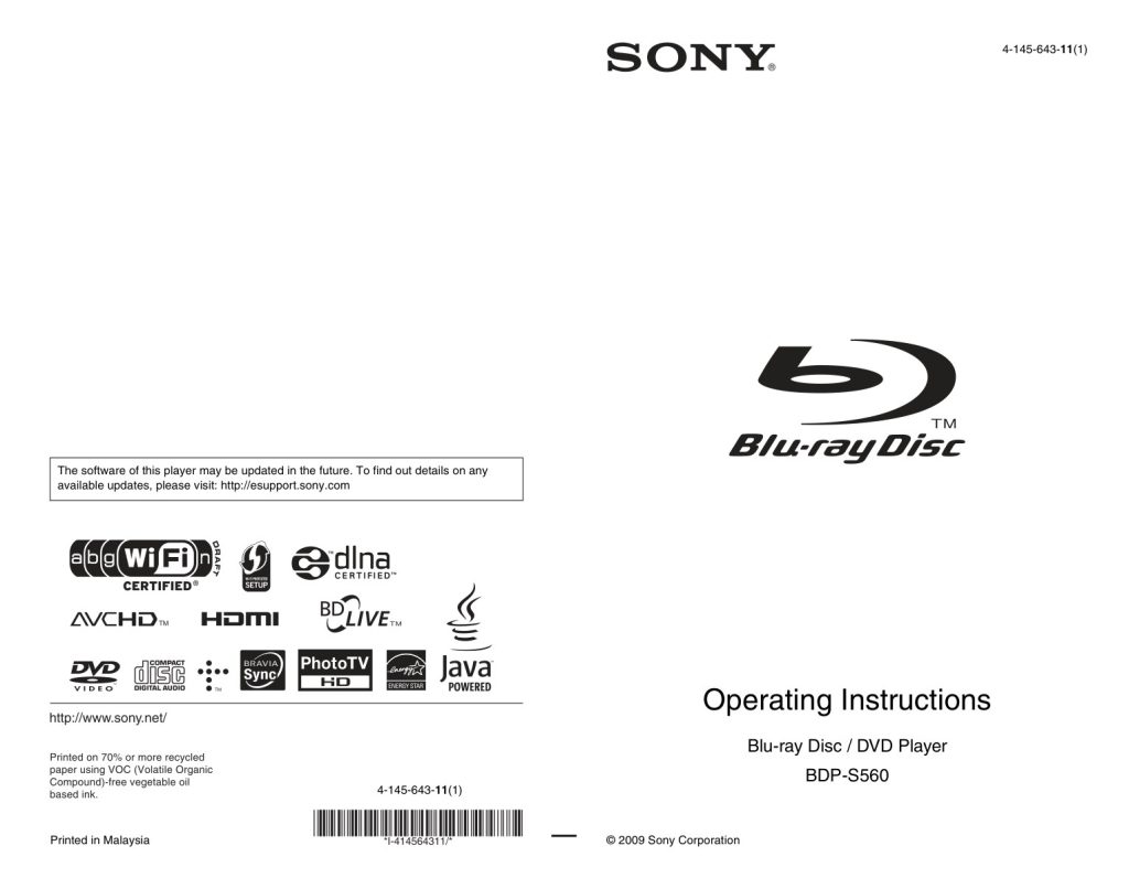 Sony BDP-S560 Blu-ray Player Owner Manual EN (Instant Download)