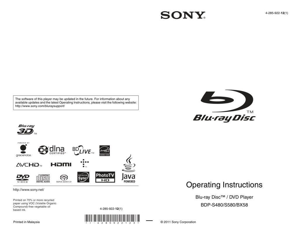 Sony BDP-BX58 Blu-ray Player Owner Manual EN (Instant Download)