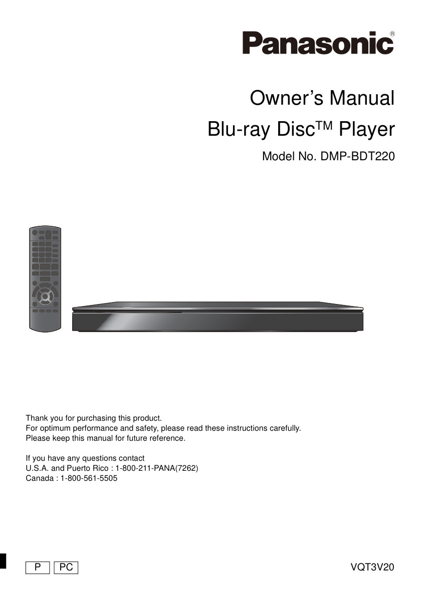 Panasonic DMP-BDT220 Blu-ray Player Owner Manual EN (Instant Download)
