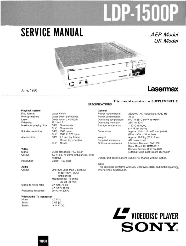 Sony LDP-1500 Video Disc Player Manual EN (Instant Download)