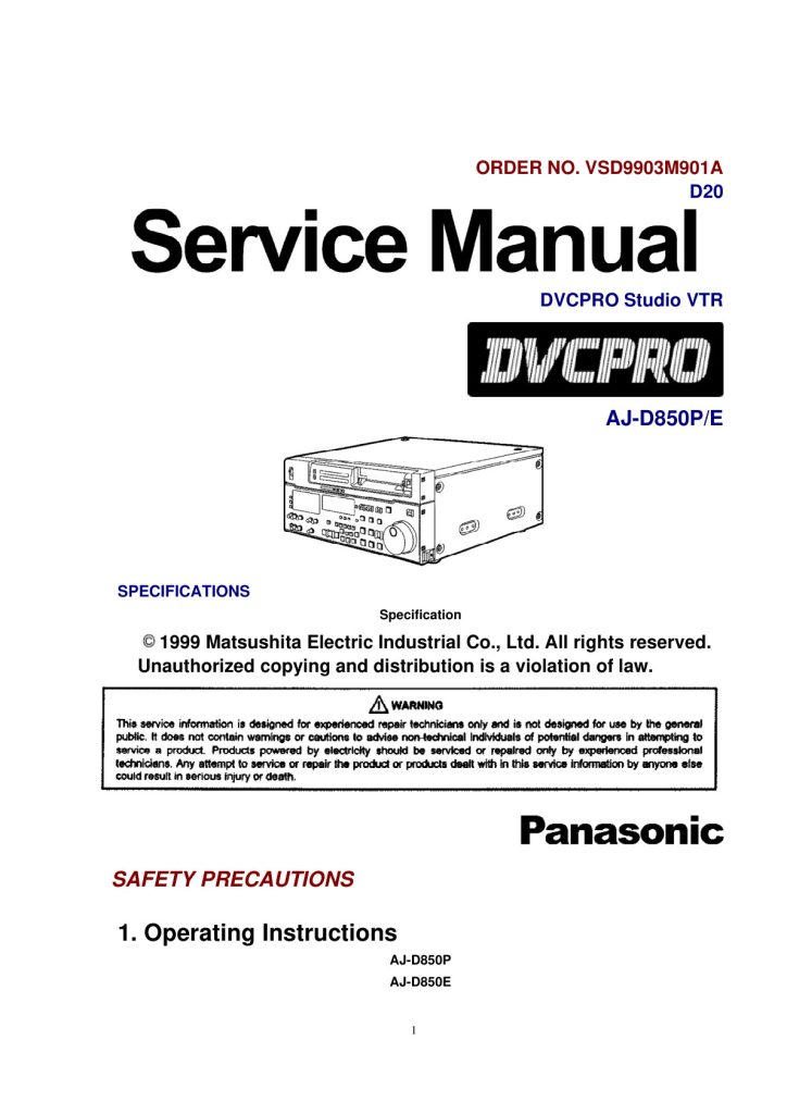 Panasonic AJ-D850 DVCPRO Service Manual EN (Instant Download)