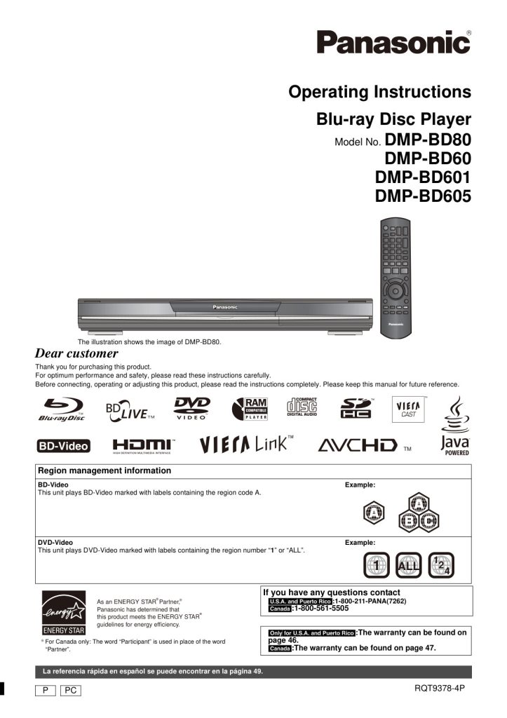 Panasonic DMP-BD80 Blu-ray Player Owner Manual EN (Instant Download)