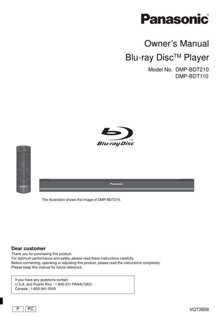 Panasonic DMP-BDT210 Blu-ray Player Owner Manual EN (Instant Download)