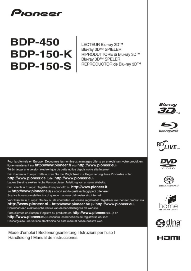 Pioneer BDP-450 Blu-ray Player Owner Manual EN (Instant Download)