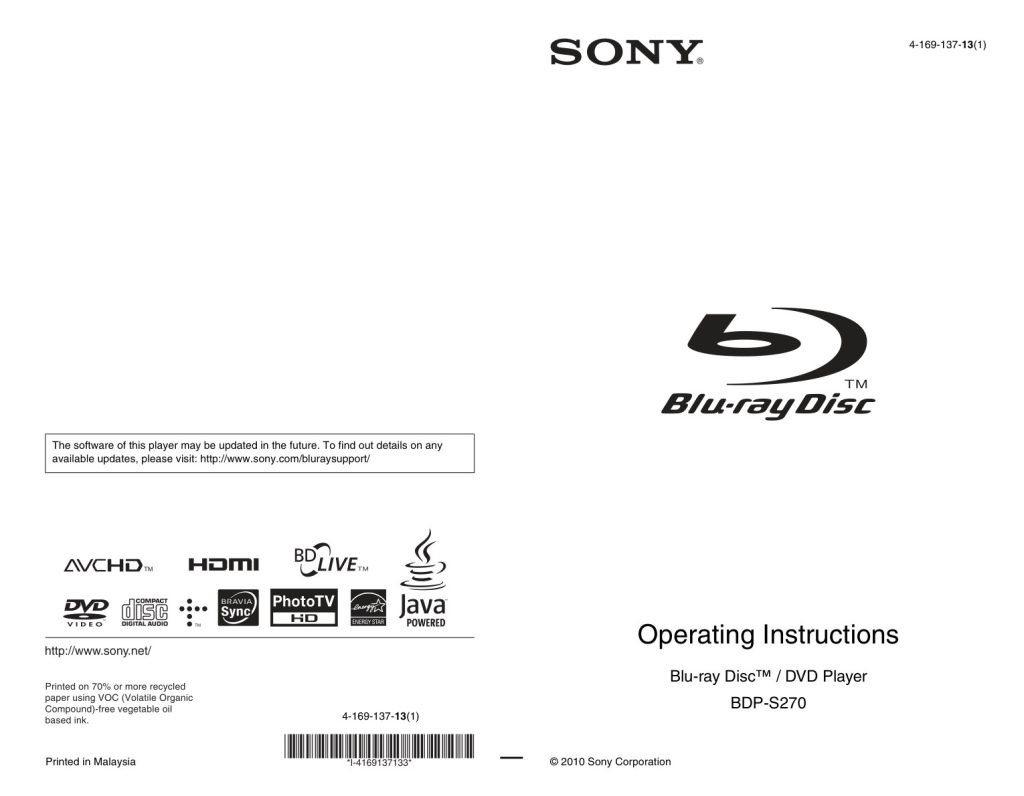 Sony BDP-S270 Blu-ray Player Owner Manual EN (Instant Download)