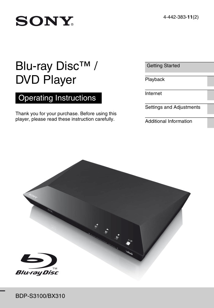 Sony BDP-S3100 Blu-ray Player Owner Manual EN (Instant Download)