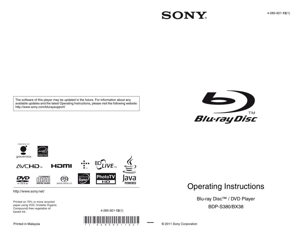 Sony BDP-S380 Blu-ray Player Owner Manual EN (Instant Download)