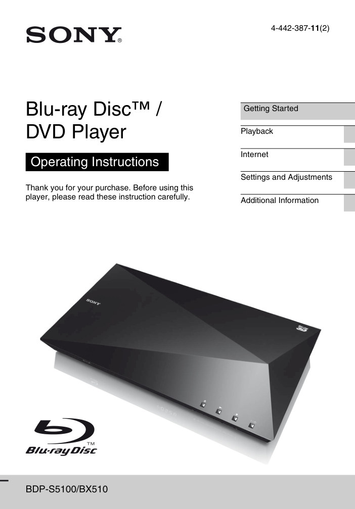 Sony BDP-S5100 Blu-ray Player Owner Manual EN (Instant Download)