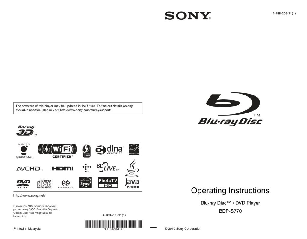 Sony BDP-S770 Blu-ray Player Owner Manual EN (Instant Download)