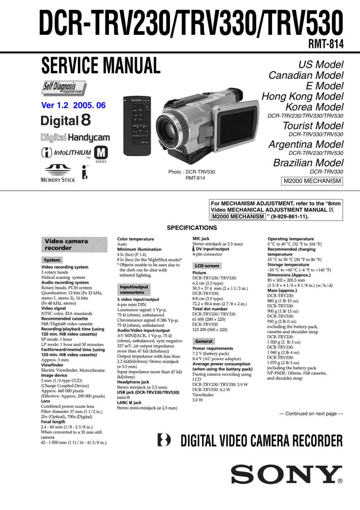 Sony DCR-TRV530 Digital8 Service Manual EN (Instant Download)