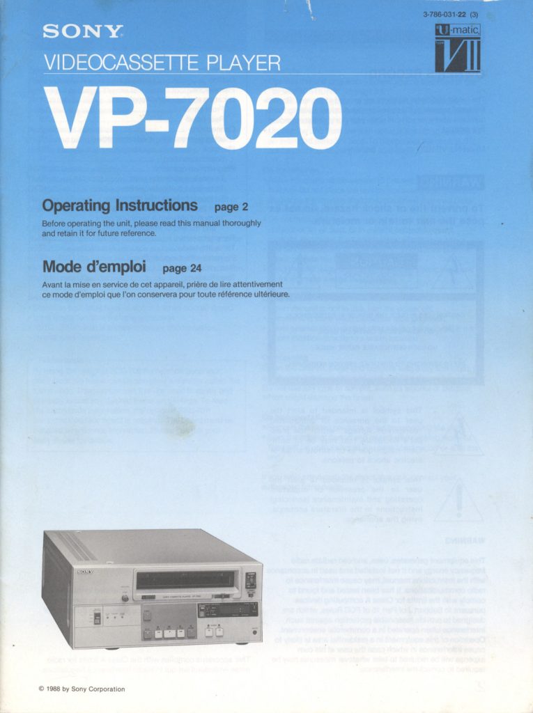 Sony VP-7020 U-matic Owner Manual EN (Instant Download)