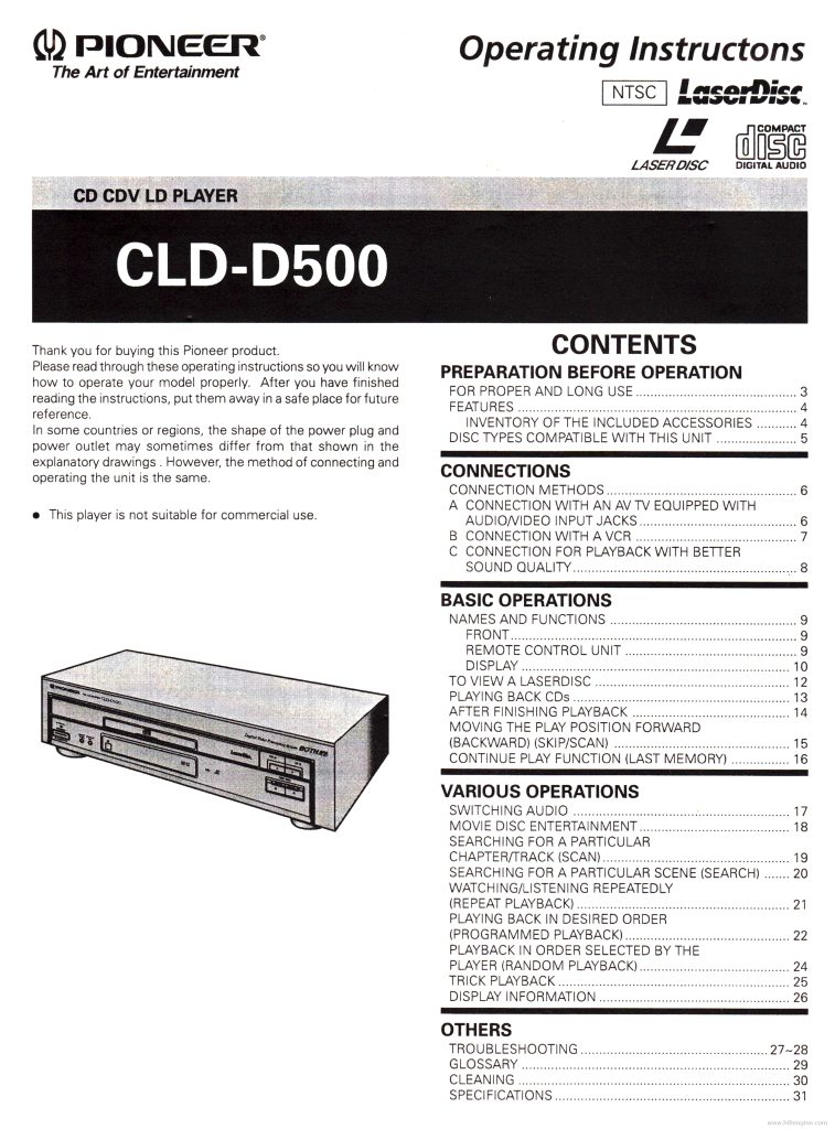 CLD-D500 Operation Manual (VRD1063) (Instant Download)