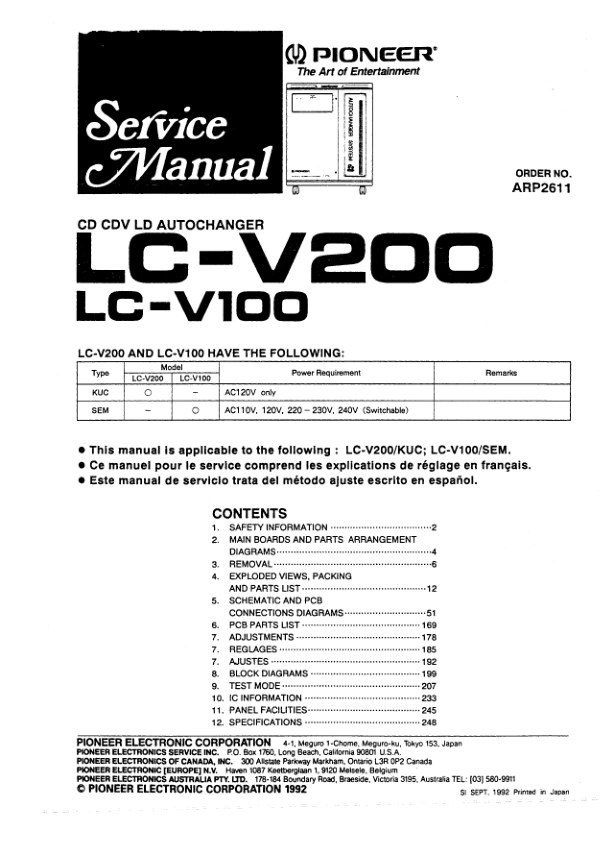 LC-V200-EN-FR-ES Service Manual Scan (Instant Download)