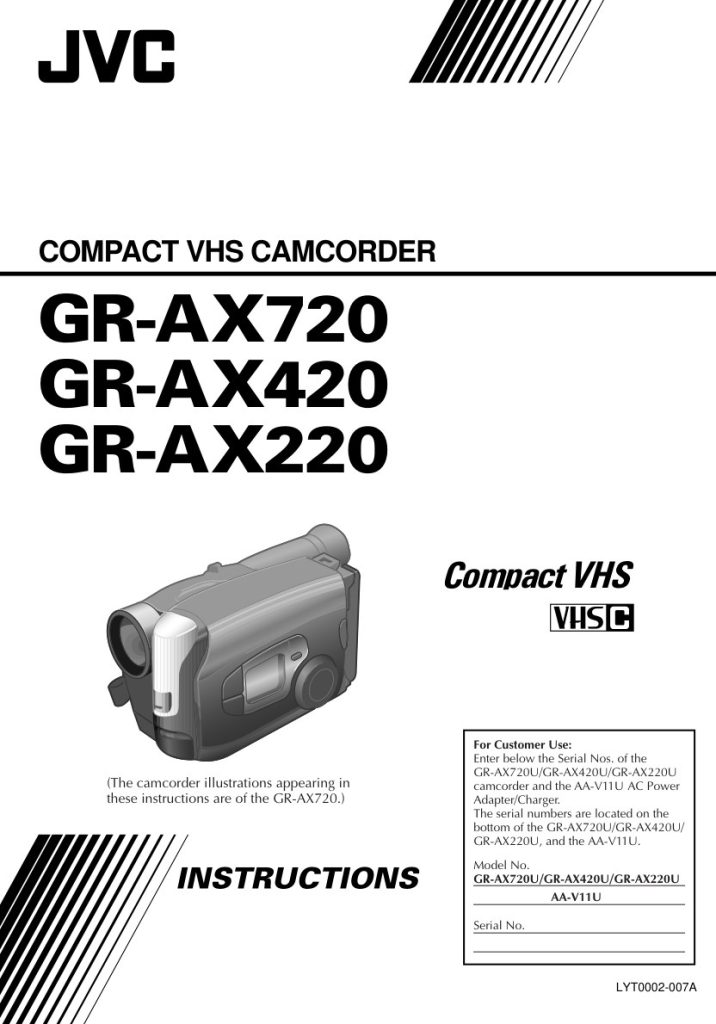 JVC GR-AX220 / AX420 / AX720 VHS-C Owner Manual EN (Instant Download)