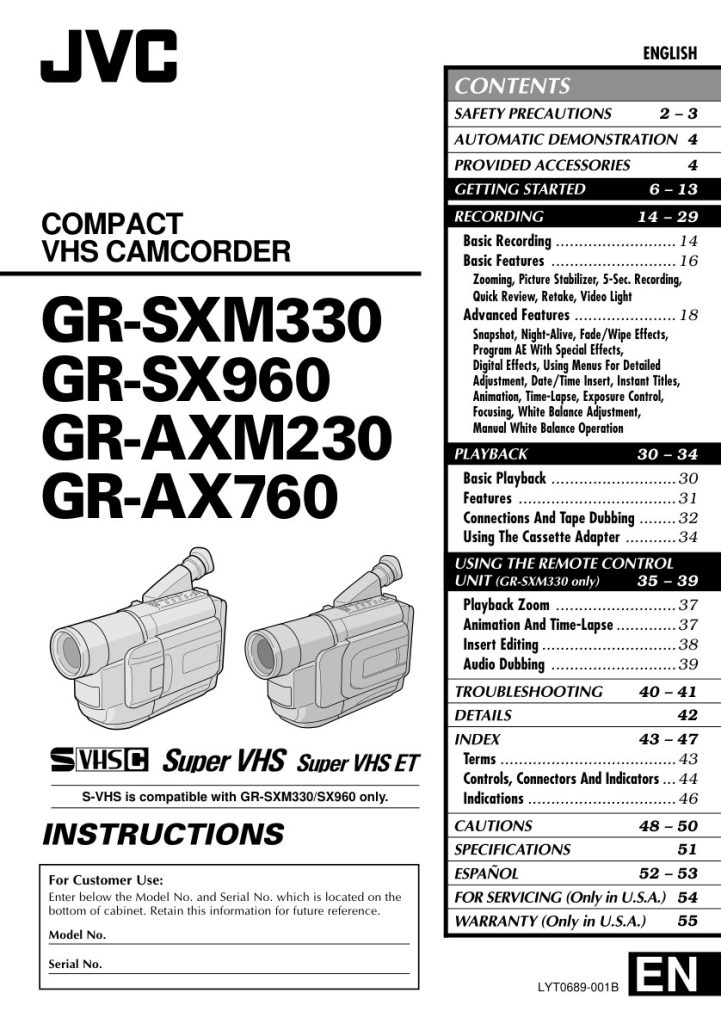 JVC GR-SXM330 / SX960 / AXM230 / AX760 Owner Manual EN (Instant Download)