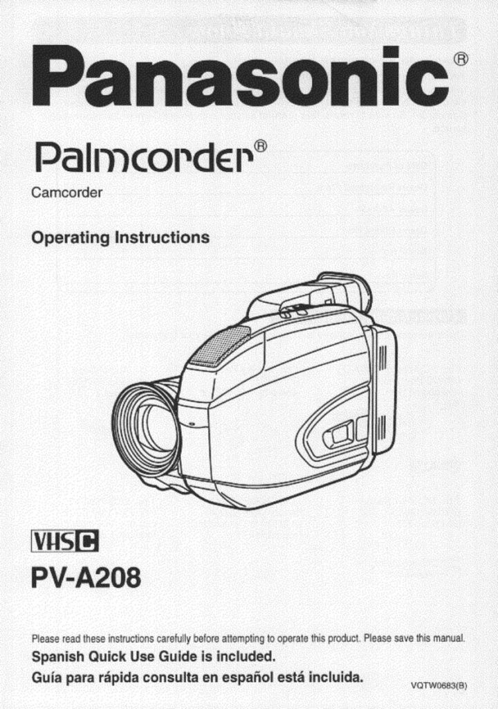 Panasonic PV-A208 Palmcorder VHS-C Owner Manual EN (Instant Download)