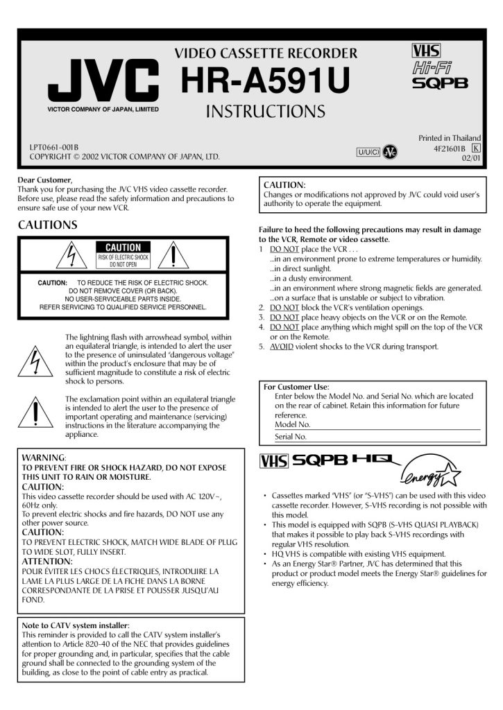 JVC HR-A591U VHS Owner Manual EN (Instant Download)