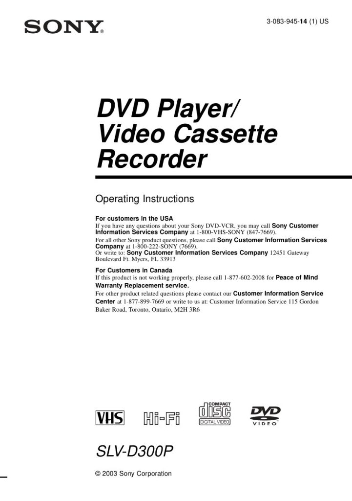 Sony SLV-D300P DVD+VHS Owner Manual EN (Instant Download)