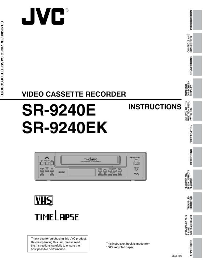 JVC SR-9240E / SR-9240EK VHS Timelapse Owner Manual EN (Instant Download)