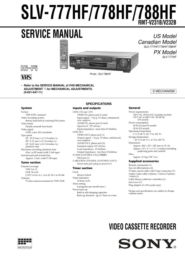 Sony SLV-777HF / 778HF / 788HF VHS Service Manual EN (Instant Download)
