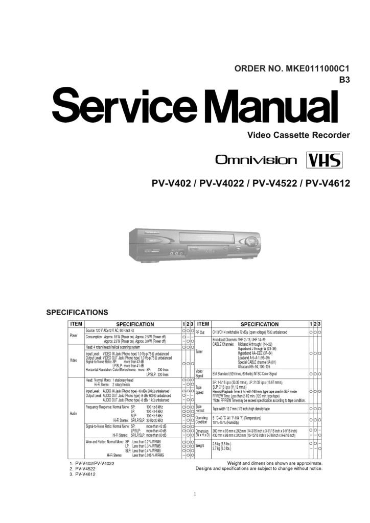 Panasonic PV-V402 / V4022 / V4522 / V4612 VHS Service Manual EN (Instant Download)
