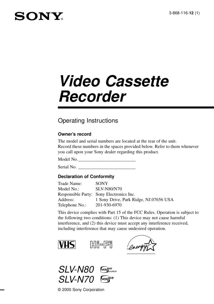 Sony SLV-N70 / SLV-N80 VHS Owner Manual EN (Instant Download)