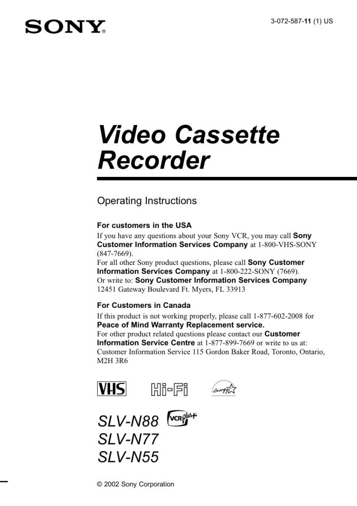 Sony SLV-N55 VHS Owner Manual KO (Instant Download)