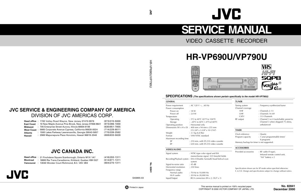 JVC HR-VP690U / HR-VP790U VHS Service Manual EN (Instant Download)