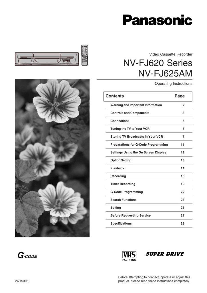 Panasonic NV-FJ620 VHS Owner Manual EN (Instant Download)