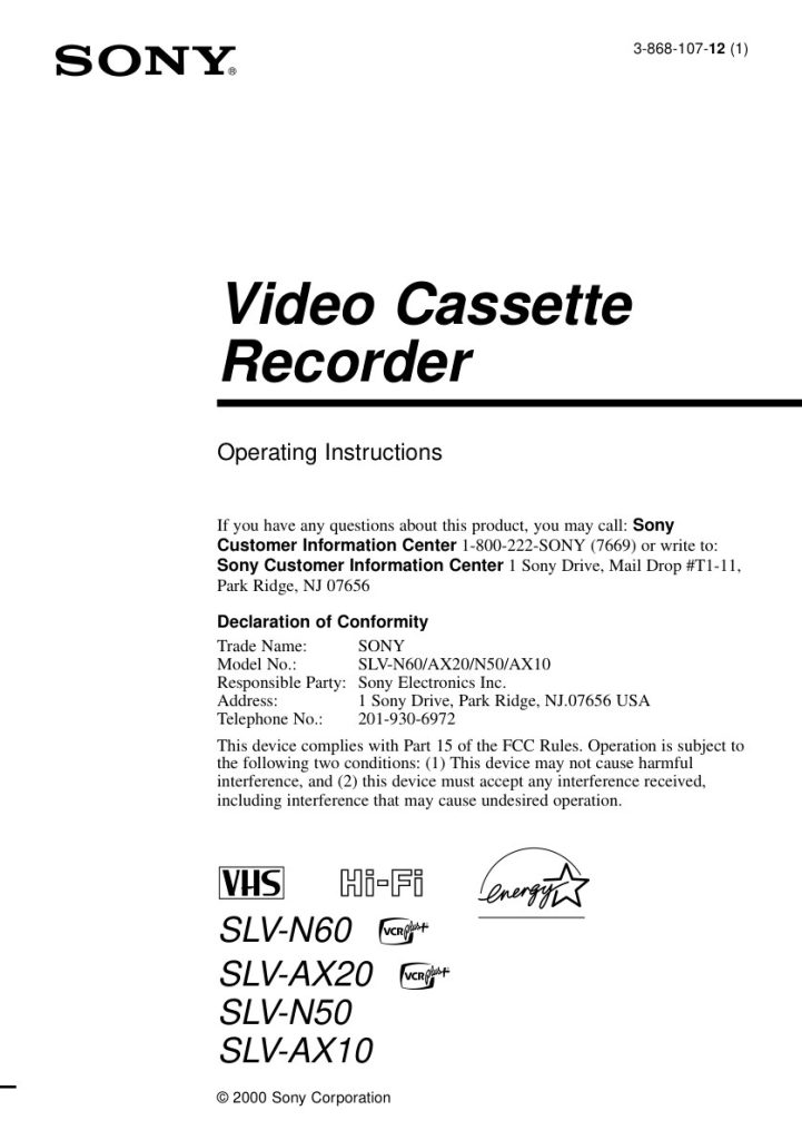 Sony SLV-N60 VHS Owner Manual EN (Instant Download)