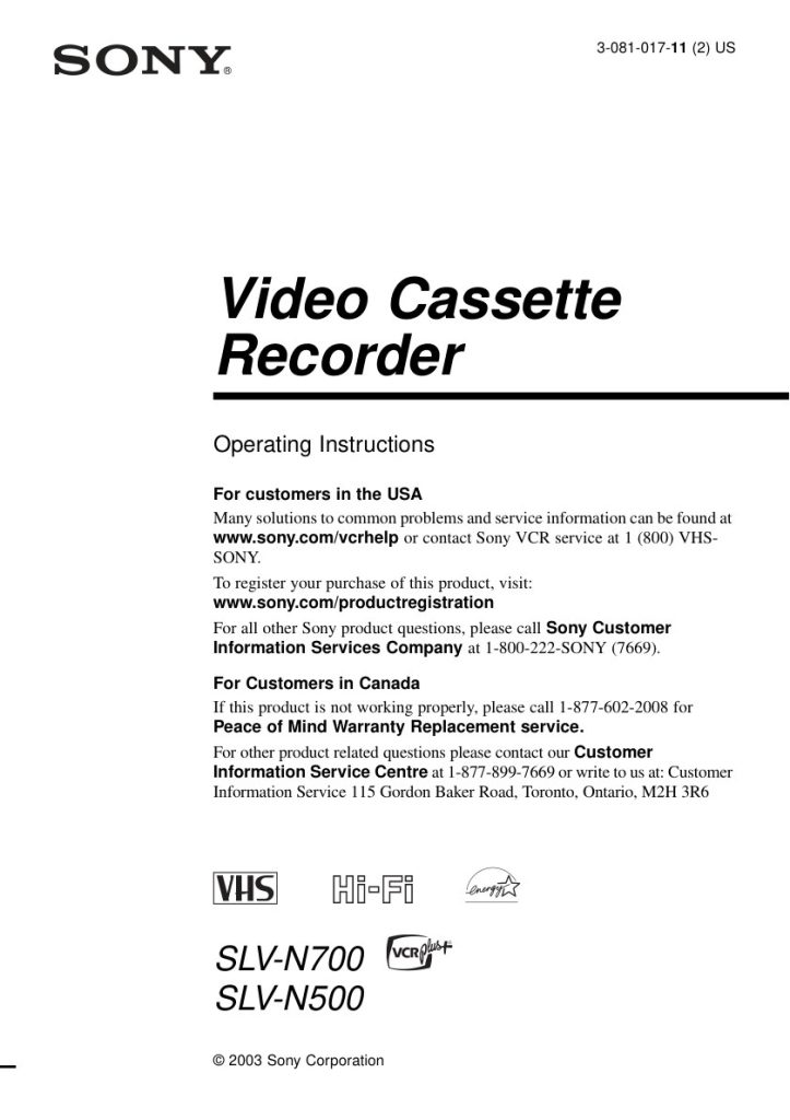 Sony SLV-N700 VHS Owner Manual EN (Instant Download)