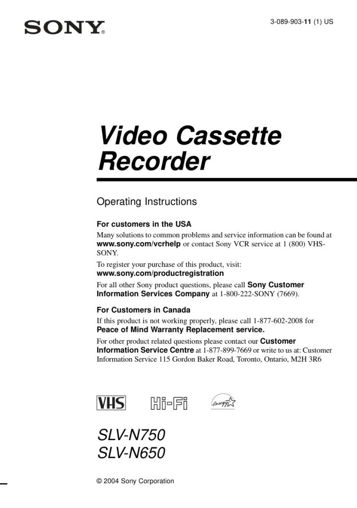 Sony SLV-N750 VHS Owner Manual EN (Instant Download)