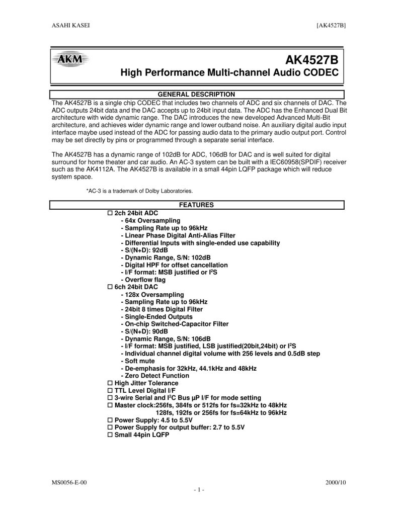 AK4527B Datasheet (Instant Download)