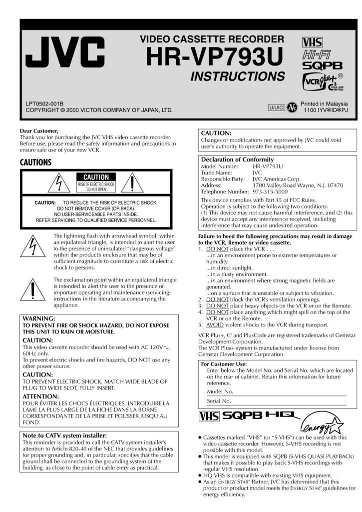 JVC HR-VP793U VHS Owner Manual EN (Instant Download)