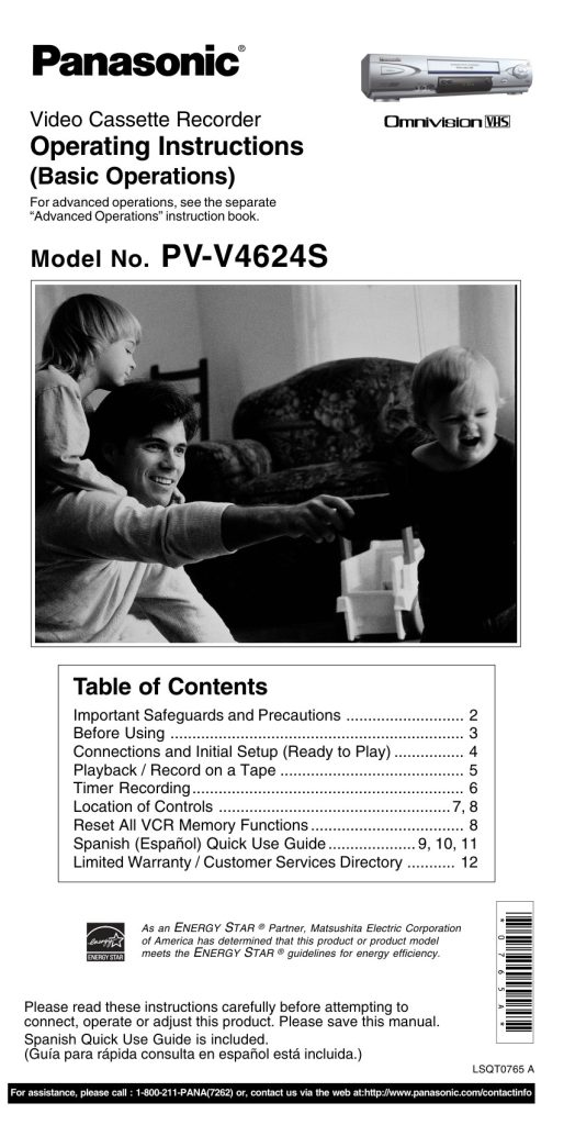 Panasonic PV-V4624 VHS Owner Manual EN (Instant Download)