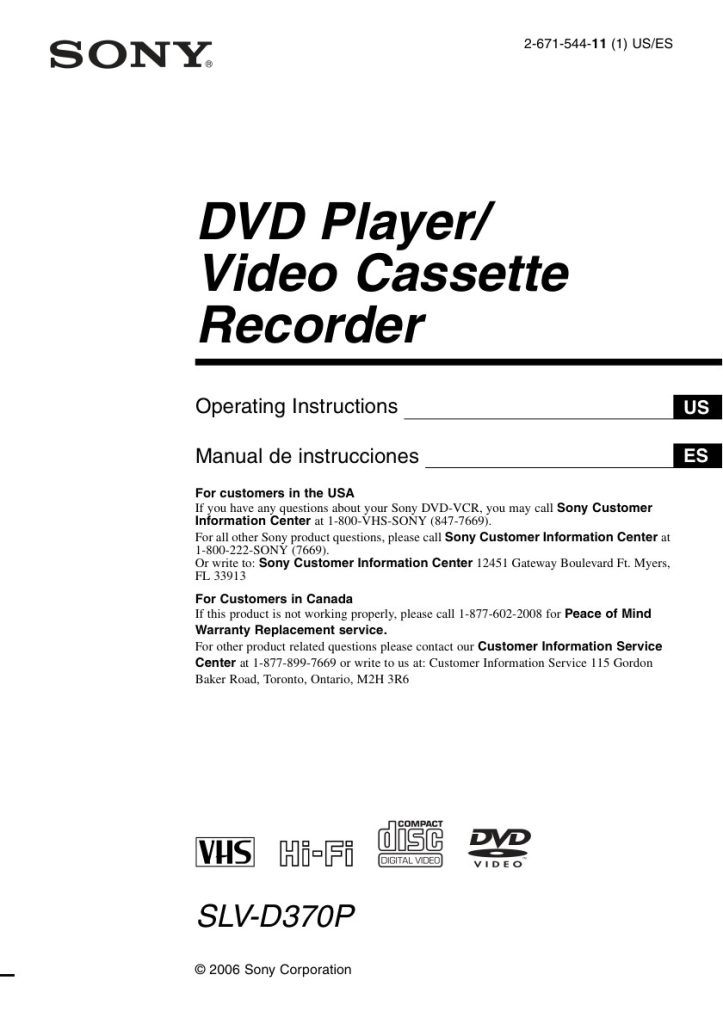 Sony SLV-D370P VHS Owner Manual EN (Instant Download)