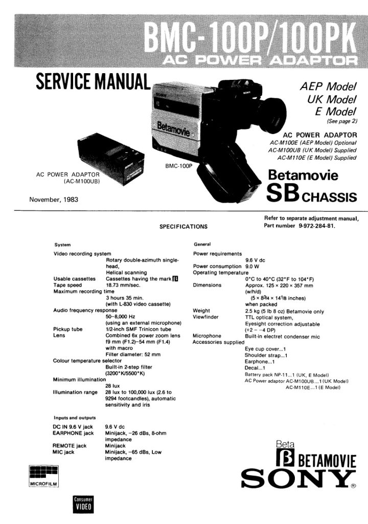 Sony BMC-100P Betamovie Service Manual (Instant Download)