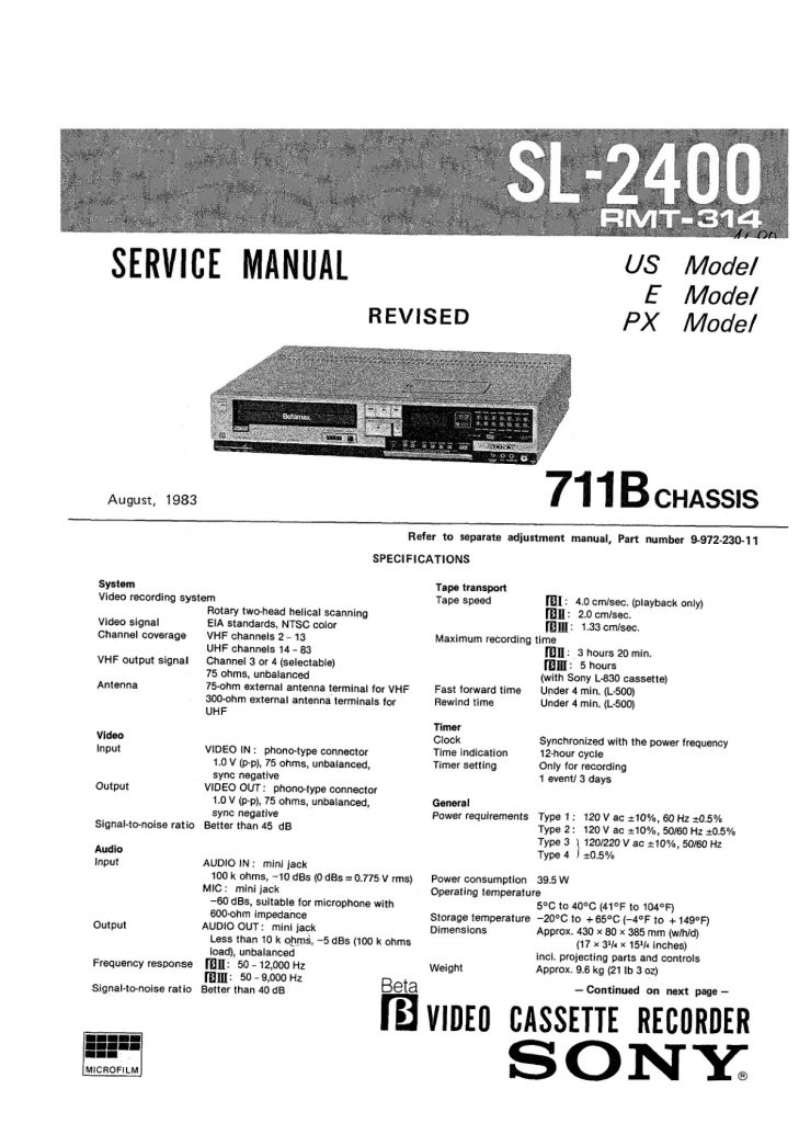 Sony SL-2400 Betamax Service Manual (Instant Download)