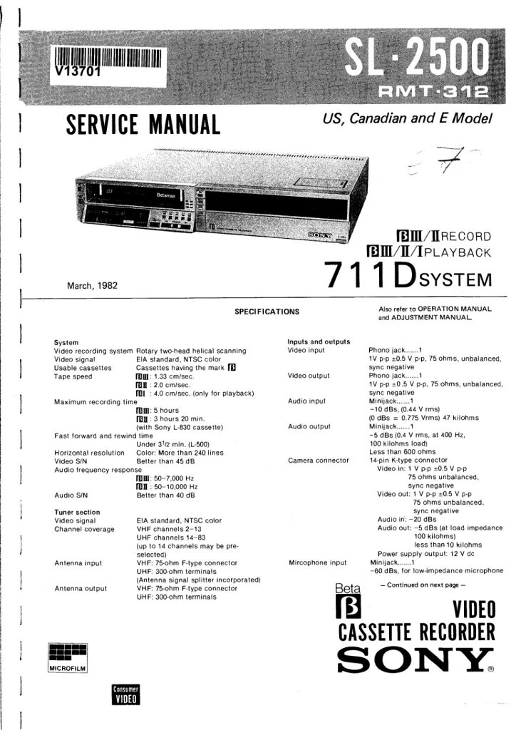 Sony SL-2500 Betamax Manual (Instant Download)