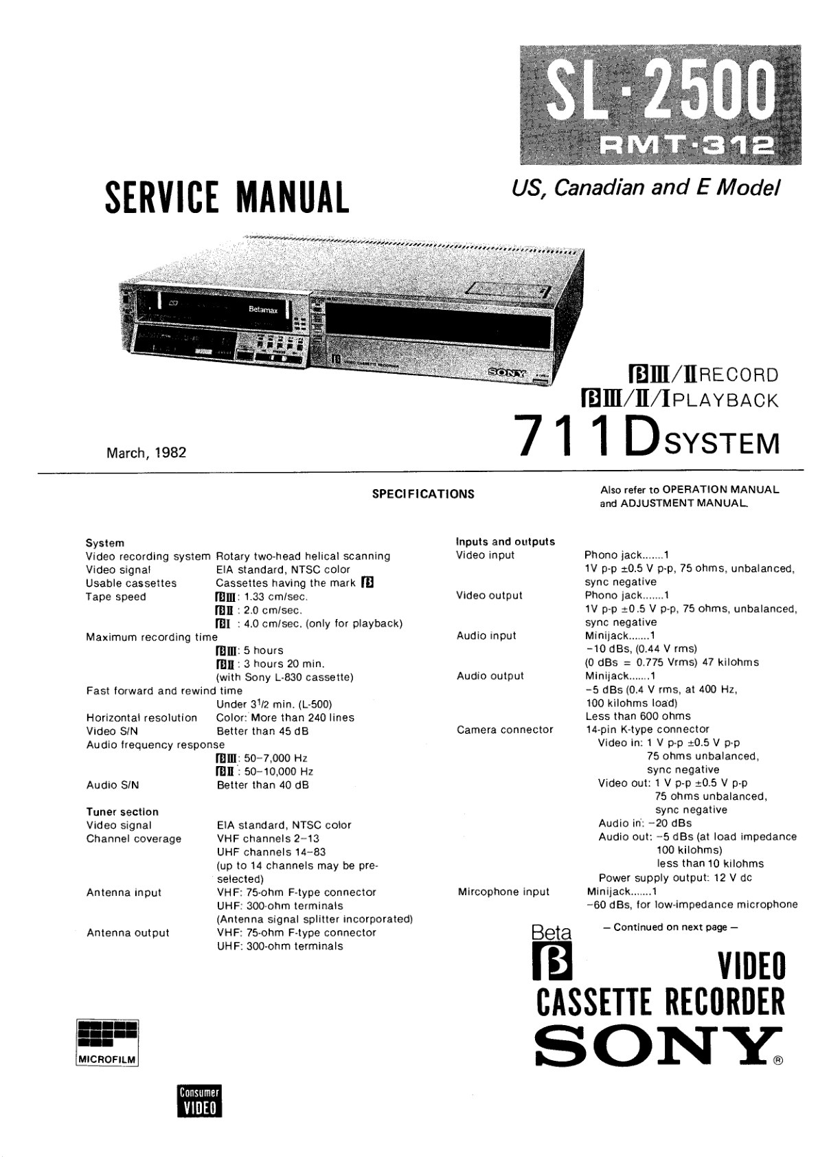 Sony SL-2500 Betamax Service Manual (Instant Download)