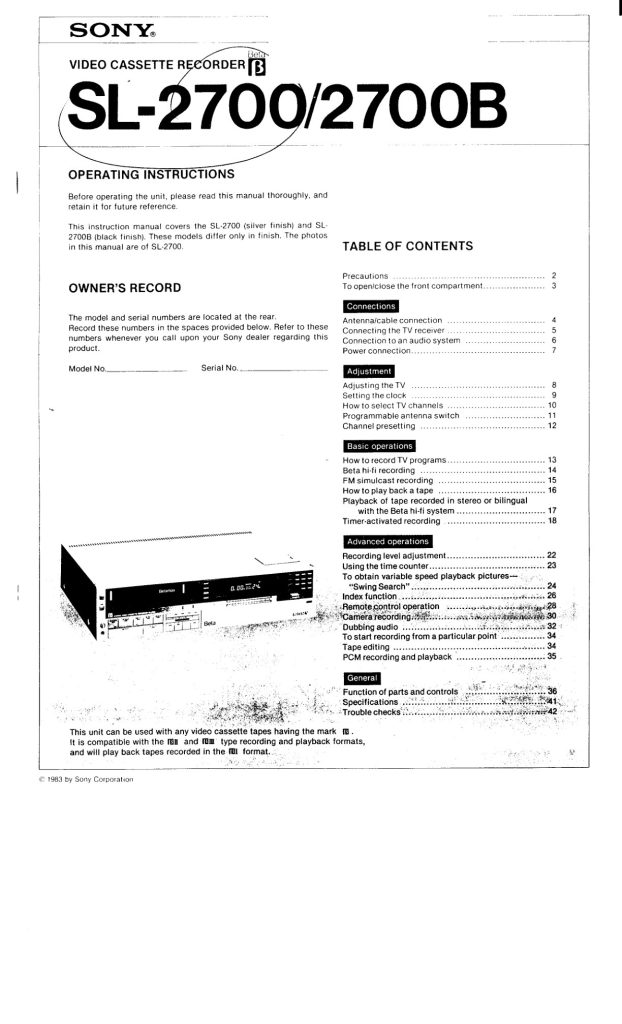 Sony SL-2700 Betamax Manual (Instant Download)